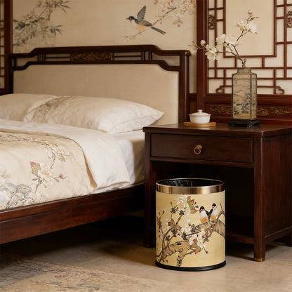 Vintage Chinoiserie Floral & Bird Trash Can