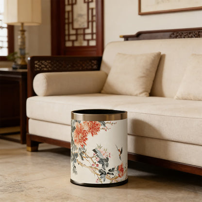 Chinoiserie Peony & Songbird Leather Trash Can