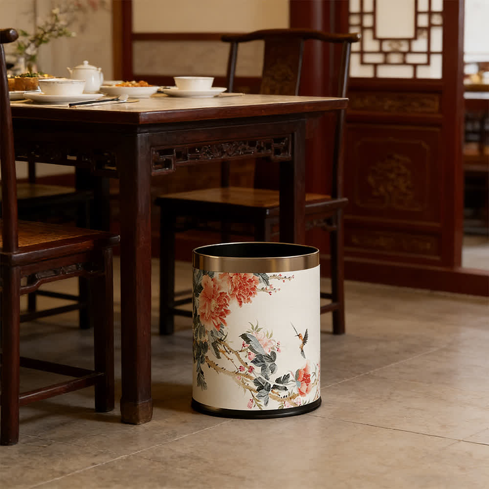 Chinoiserie Peony & Songbird Leather Trash Can