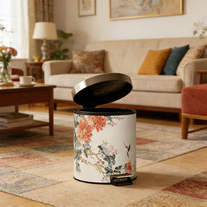 Chinoiserie Peony & Songbird Leather Trash Can