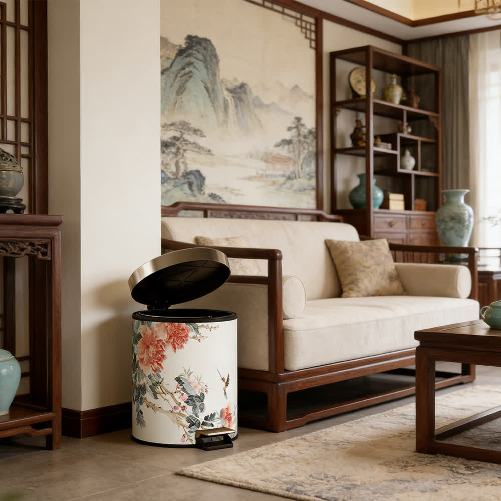 Chinoiserie Peony & Songbird Leather Trash Can