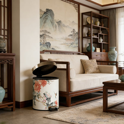 Chinoiserie Peony & Songbird Leather Trash Can