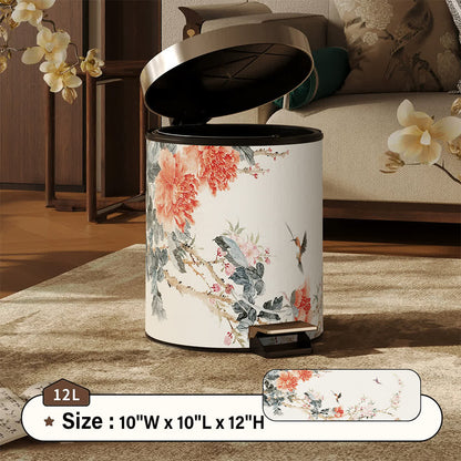Chinoiserie Peony & Songbird Leather Trash Can