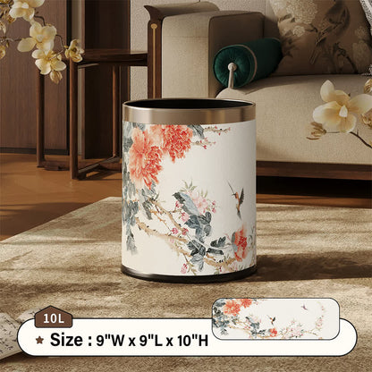 Chinoiserie Peony & Songbird Leather Trash Can