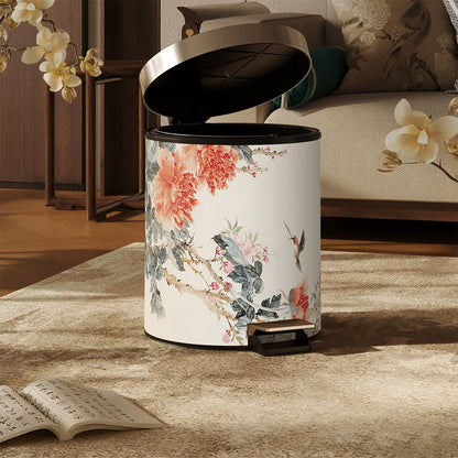 Chinoiserie Peony & Songbird Leather Trash Can