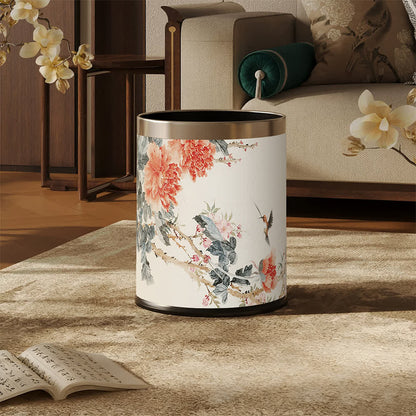 Chinoiserie Peony & Songbird Leather Trash Can