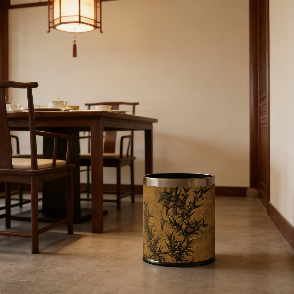 Oriental Zen Bamboo Print Leather Trash Can