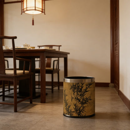 Oriental Zen Bamboo Print Leather Trash Can