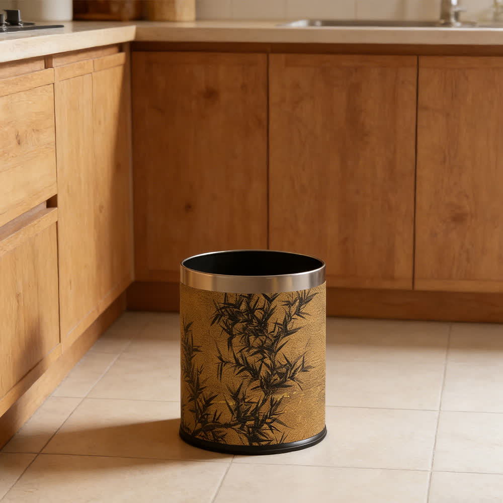 Oriental Zen Bamboo Print Leather Trash Can