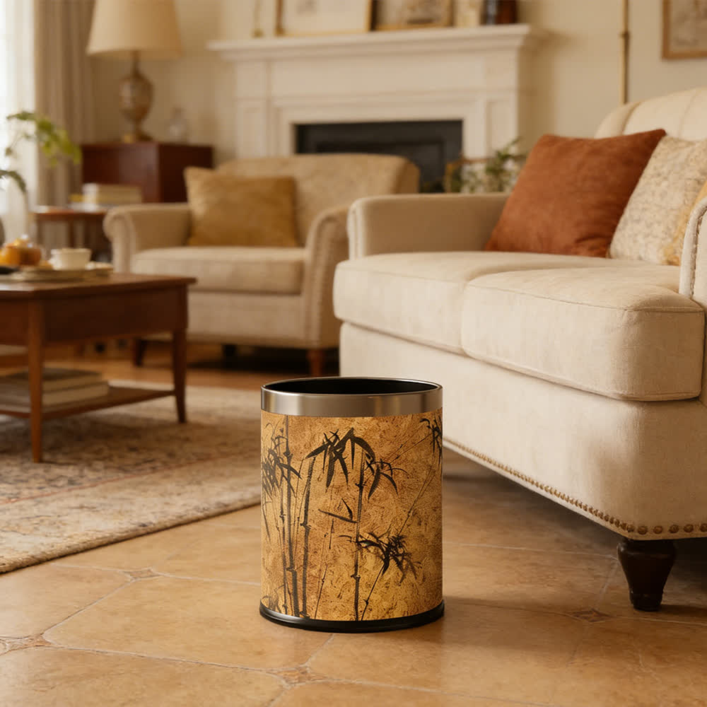 Oriental Zen Bamboo Print Leather Trash Can