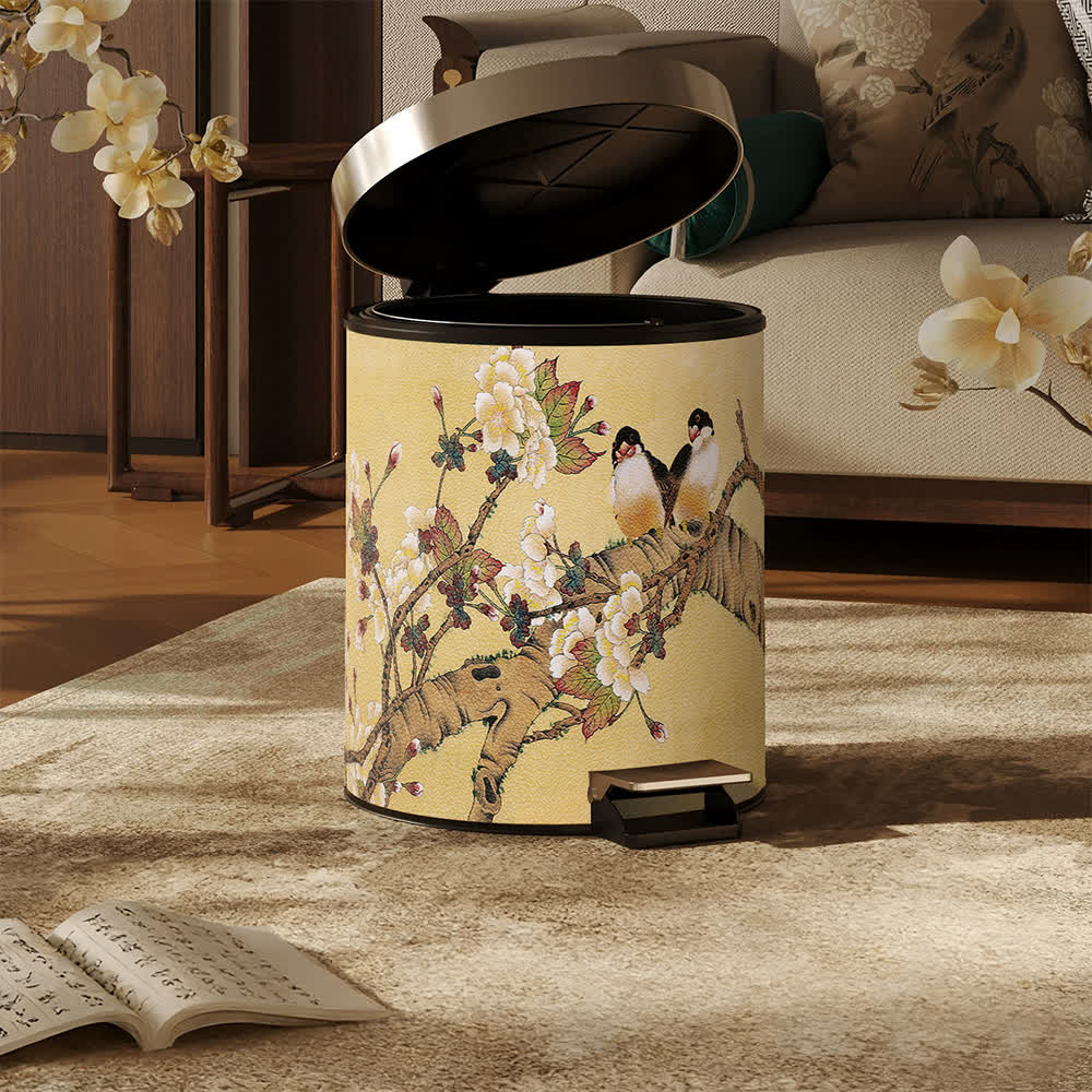 Vintage Chinoiserie Floral & Bird Trash Can