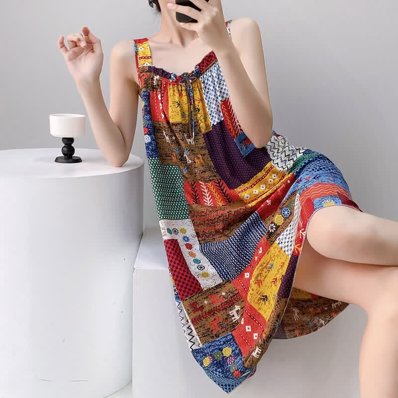 Vintage Mixed Print Sleeveless Nightgown