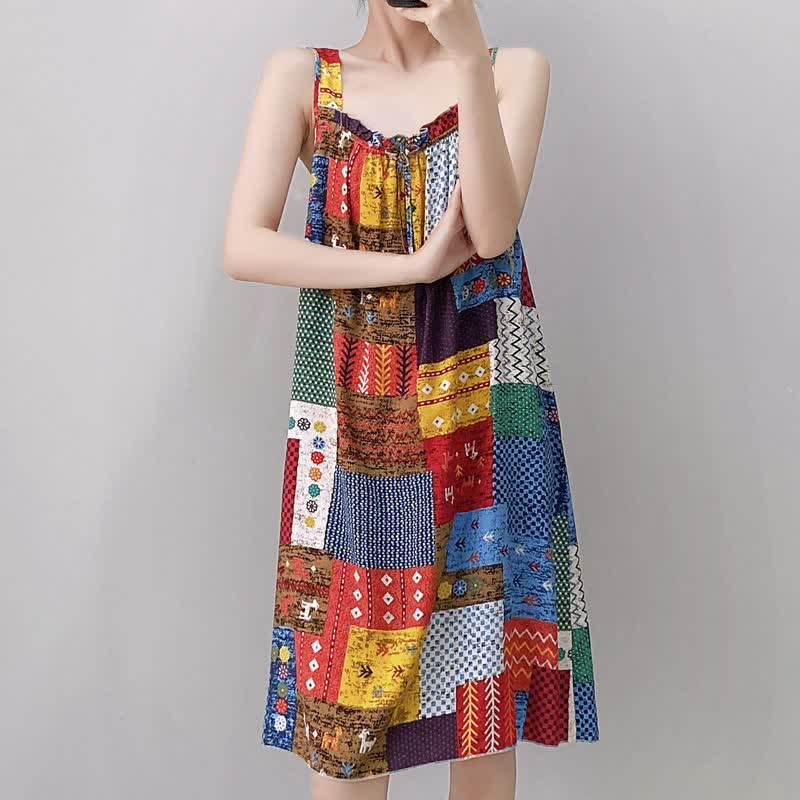 Vintage Mixed Print Sleeveless Nightgown