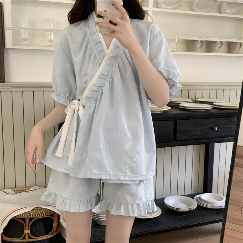 Light Blue Ruffle Sleeve Pajama Set