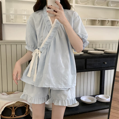 Light Blue Ruffle Sleeve Pajama Set