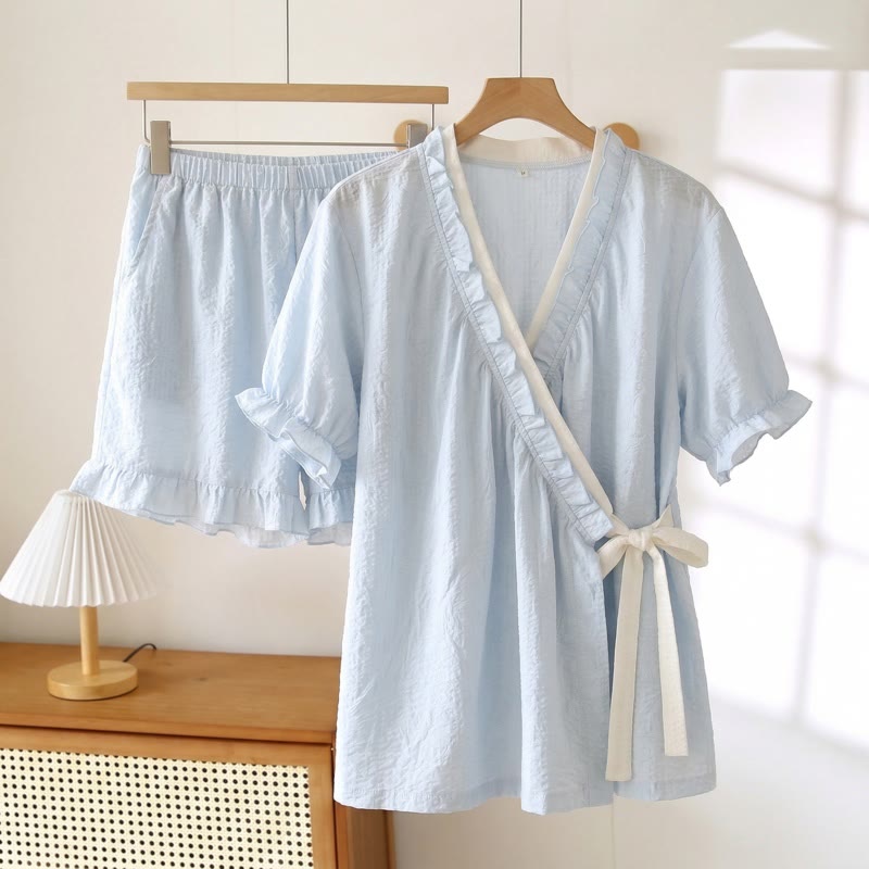 Light Blue Ruffle Sleeve Pajama Set