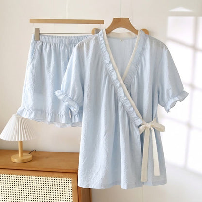 Light Blue Ruffle Sleeve Pajama Set