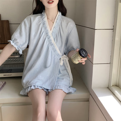 Light Blue Ruffle Sleeve Pajama Set