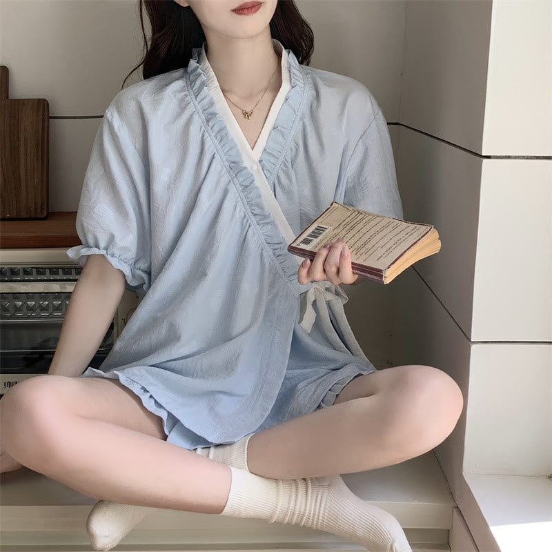 Light Blue Ruffle Sleeve Pajama Set