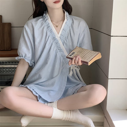 Light Blue Ruffle Sleeve Pajama Set