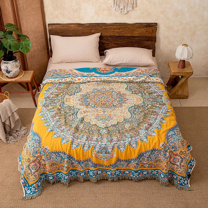 Vintage Pattern Cotton Gauze Tassel Quilt Blanket