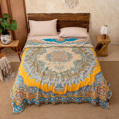 Vintage Pattern Cotton Gauze Tassel Quilt Blanket