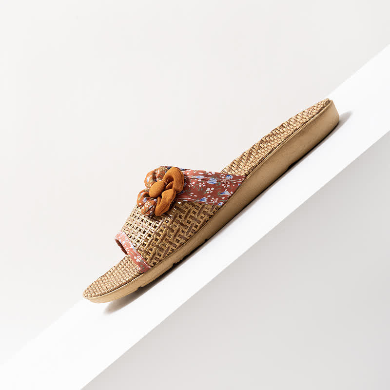Floral Rattan Straw Slides House Slippers