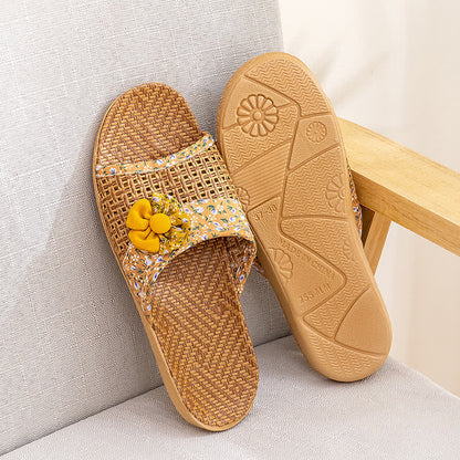 Floral Rattan Straw Slides House Slippers