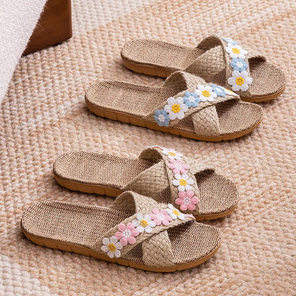 Cross-Band Woven Straw Slides Slippers