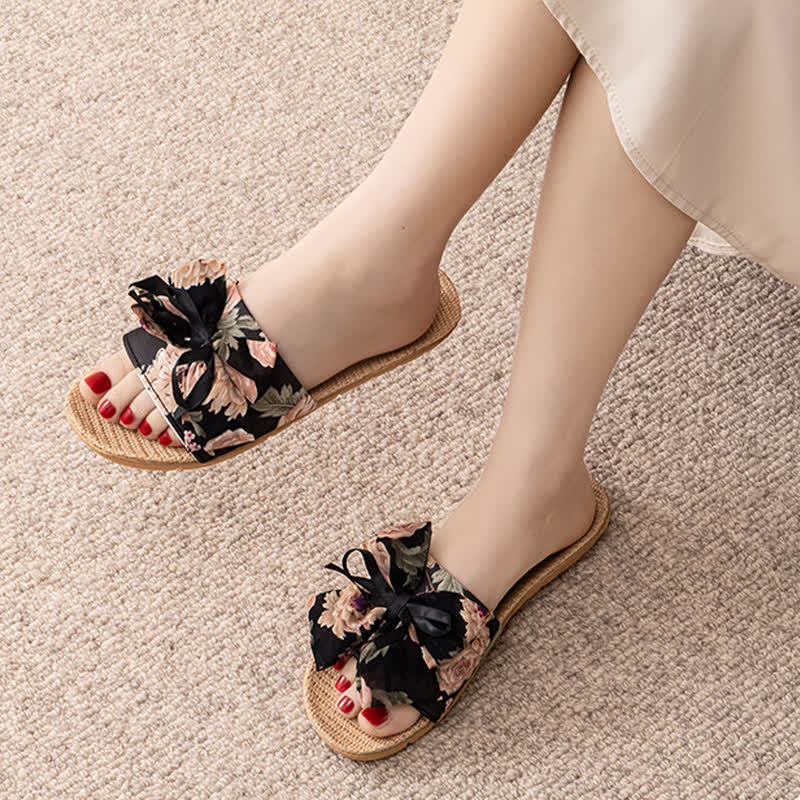 French Romantic Floral Linen Slippers