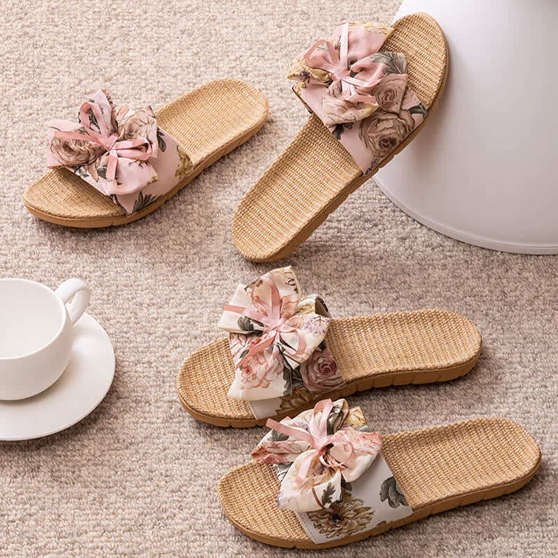 French Romantic Floral Linen Slippers