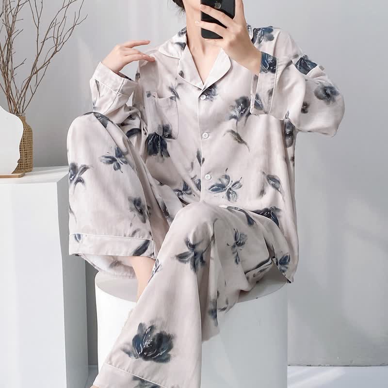 Ink Wash Floral Butterfly Pajama Set