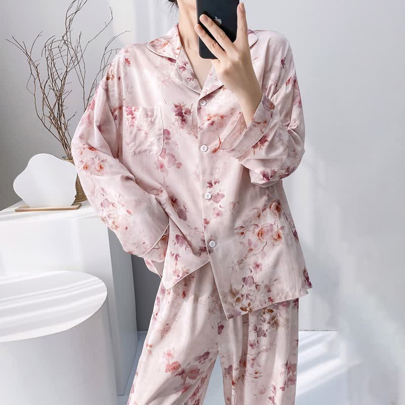 Pink Ink Wash Floral Pajama Set