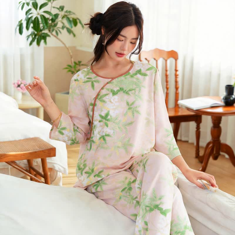 Oriental Floral & Leaf Pajama Set