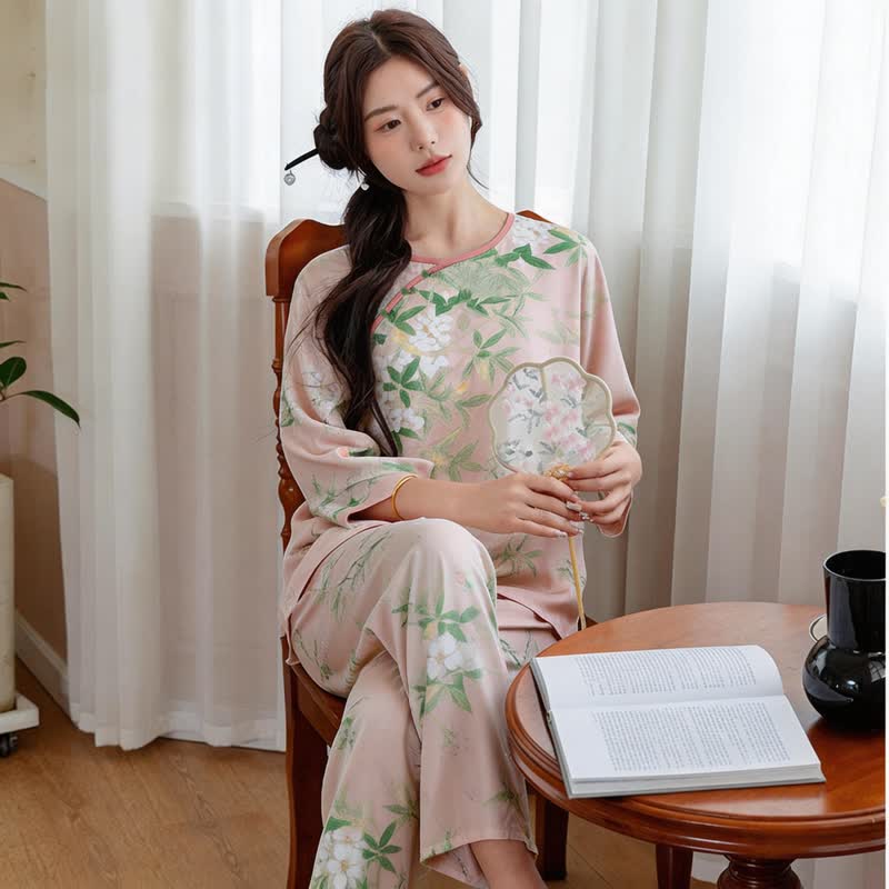 Oriental Floral & Leaf Pajama Set