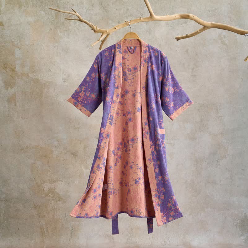 Branch & Floral Short Sleeve Cotton Robe