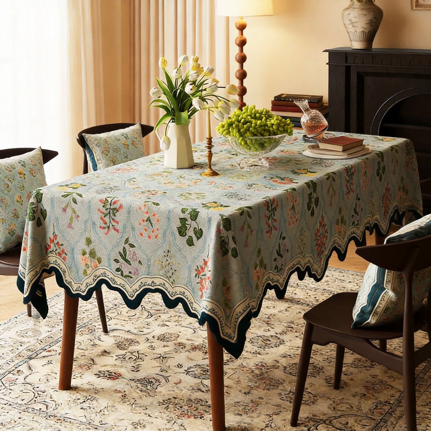 Botanical Floral Scalloped Edge Tablecloth