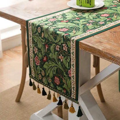 Tropical Leaf Jacquard Tassel Table Runner