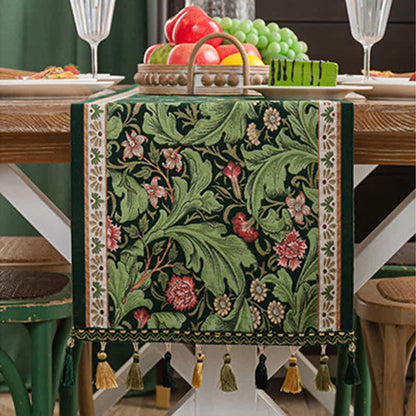 Tropical Leaf Jacquard Tassel Table Runner