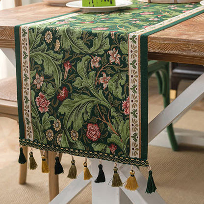 Tropical Leaf Jacquard Tassel Table Runner