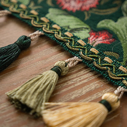 Tropical Leaf Jacquard Tassel Table Runner