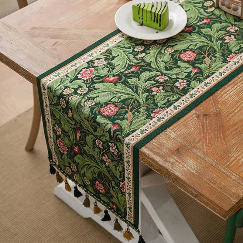 Tropical Leaf Jacquard Tassel Table Runner