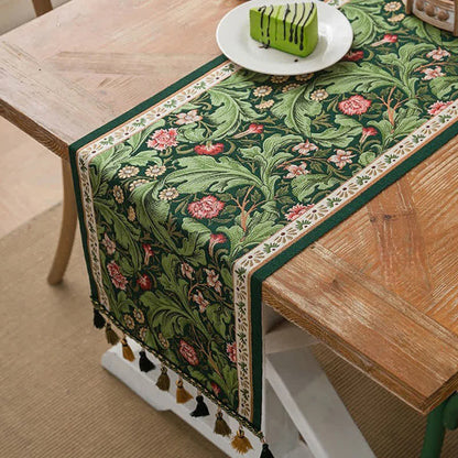 Tropical Leaf Jacquard Tassel Table Runner