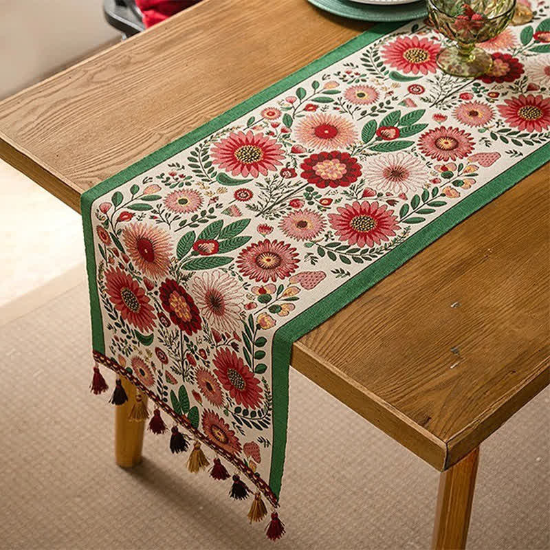 Pink Floral Jacquard Tassel Table Runner
