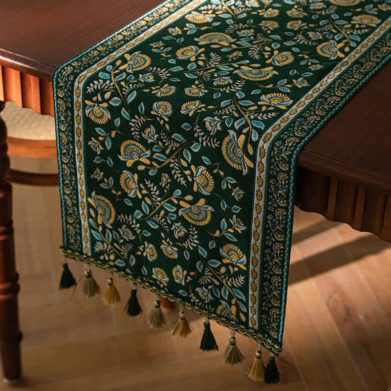 Vintage Branch Jacquard Tassel Table Runner