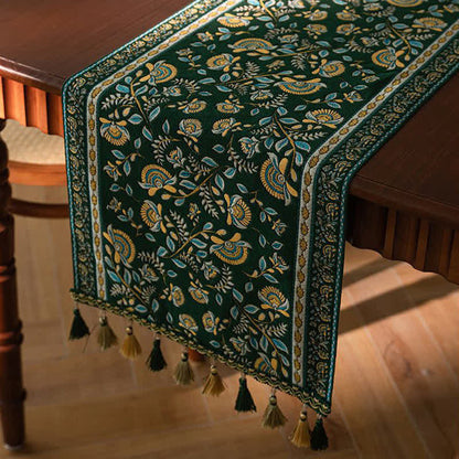 Vintage Branch Jacquard Tassel Table Runner