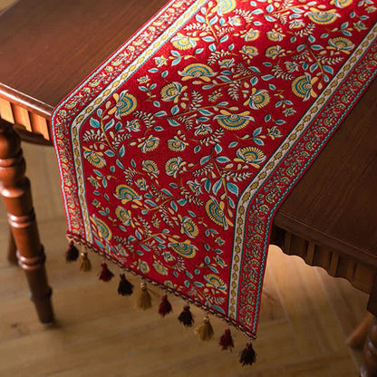 Vintage Branch Jacquard Tassel Table Runner