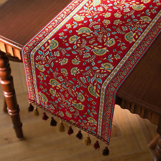 Vintage Branch Jacquard Tassel Table Runner