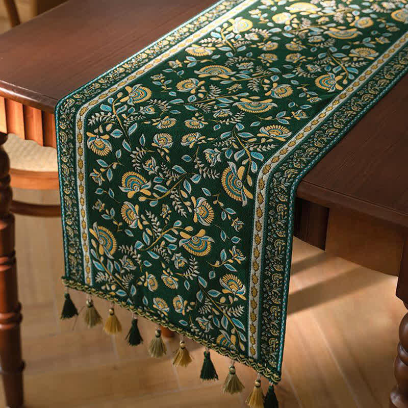 Vintage Branch Jacquard Tassel Table Runner