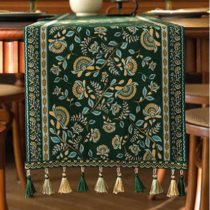 Vintage Branch Jacquard Tassel Table Runner